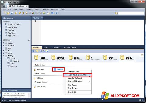 Screenshot MySQL Workbench untuk Windows XP