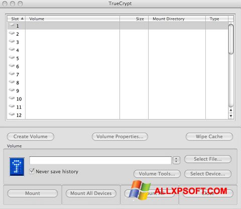 Screenshot TrueCrypt untuk Windows XP