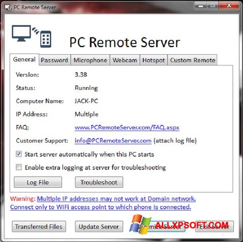 Screenshot PC Remote Server untuk Windows XP
