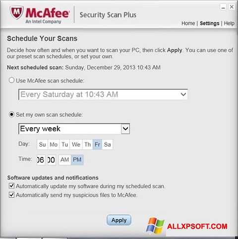 Screenshot McAfee Security Scan Plus untuk Windows XP