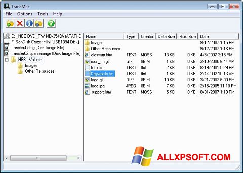 Screenshot TransMac untuk Windows XP