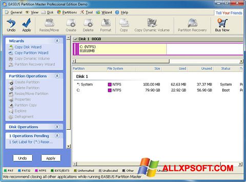 Screenshot EASEUS Partition Master untuk Windows XP