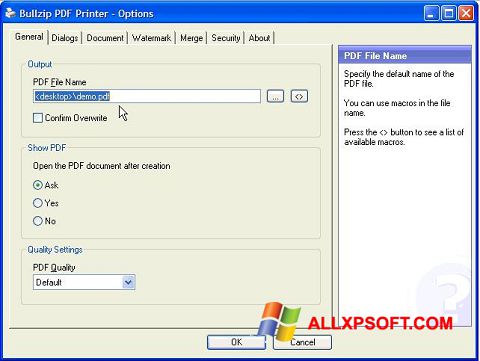 Screenshot BullZip PDF Printer untuk Windows XP