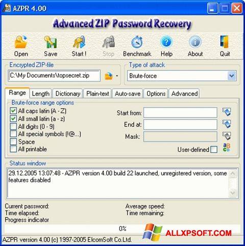 Screenshot Advanced Archive Password Recovery untuk Windows XP