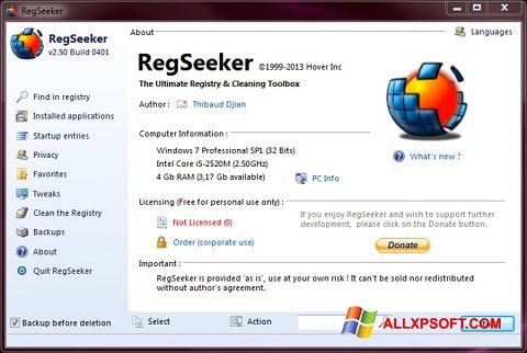 Screenshot RegSeeker untuk Windows XP