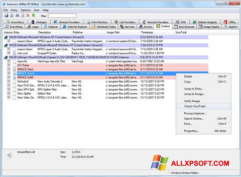 Screenshot AutoRuns untuk Windows XP