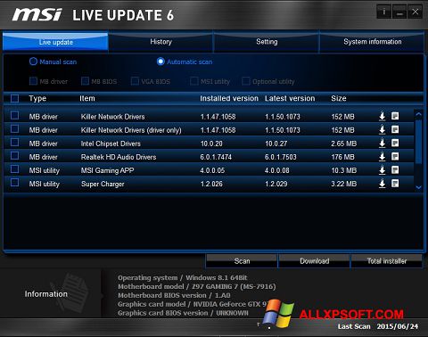 Screenshot MSI Live Update untuk Windows XP